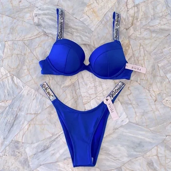 2 Pc Set 32C +Small Victoria's Secret Swim Shine Strap Sexy Tee Bikini + Bottoms